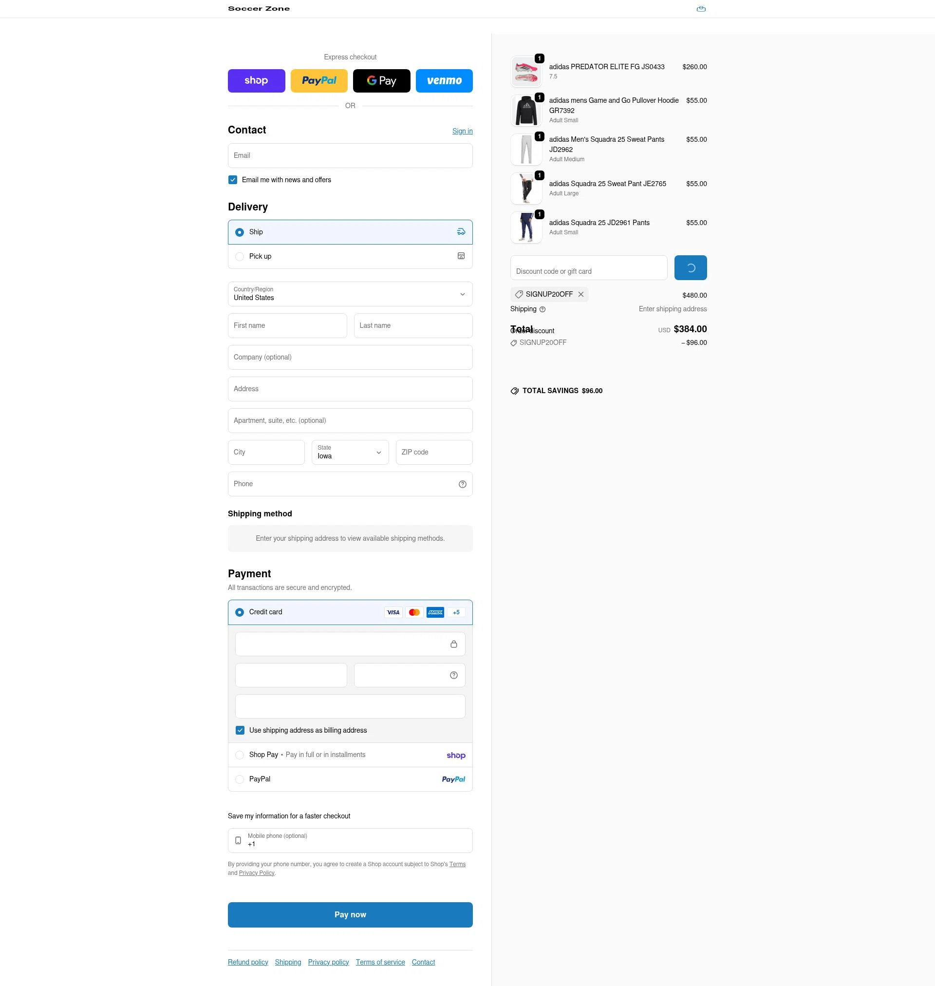Soccer Zone checkout page showing Soccer Zone discount code box | Screenshot taken by SimplyCodes community member on Feb 9, 2026