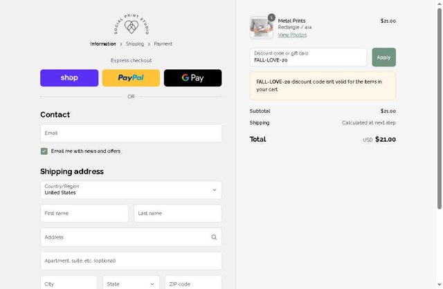 Social Print Studio checkout page showing Social Print Studio promo code box | Screenshot taken by SimplyCodes community member on Sep 4, 2025