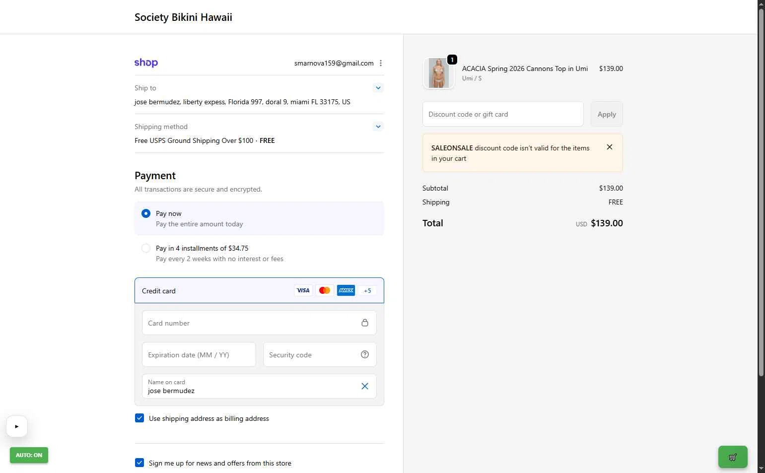 Society Bikini checkout page showing Society Bikini promo code box | Screenshot taken by SimplyCodes community member on Feb 17, 2026