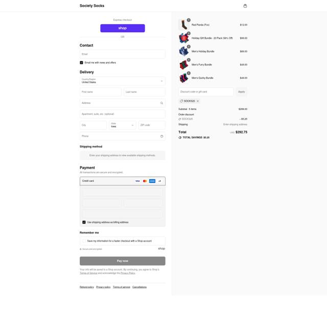 Society Socks checkout page showing Society Socks discount code box | Screenshot taken by SimplyCodes community member on Sep 15, 2025