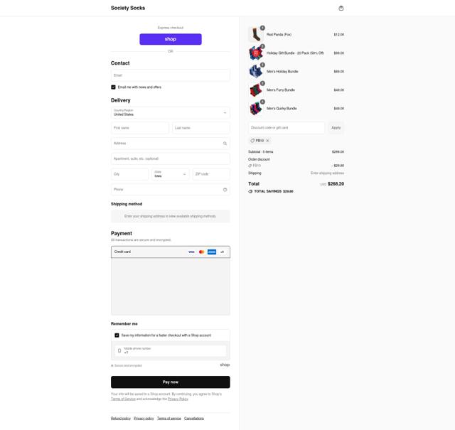 Society Socks checkout page showing Society Socks discount code box | Screenshot taken by SimplyCodes community member on Sep 15, 2025