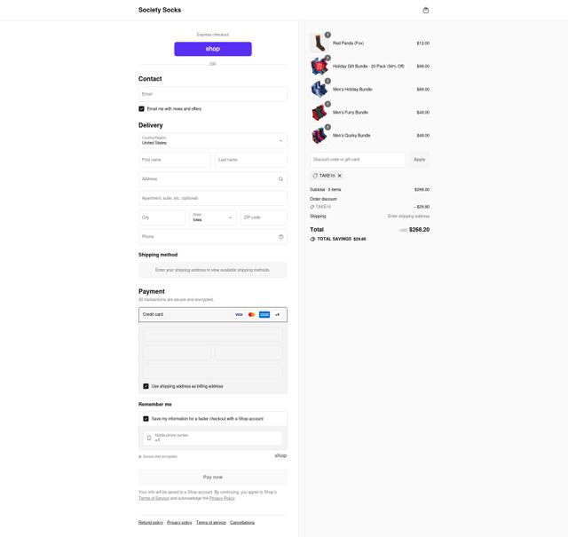 Society Socks checkout page showing Society Socks discount code box | Screenshot taken by SimplyCodes community member on Sep 15, 2025