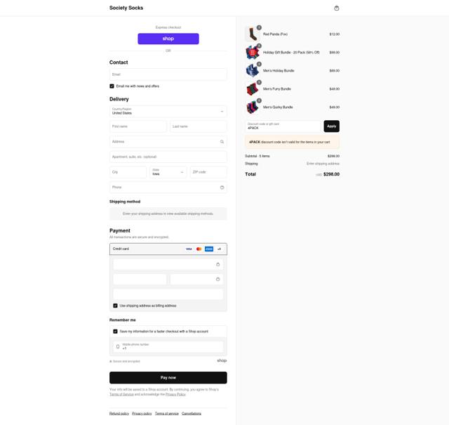 Society Socks checkout page showing Society Socks discount code box | Screenshot taken by SimplyCodes community member on Sep 15, 2025