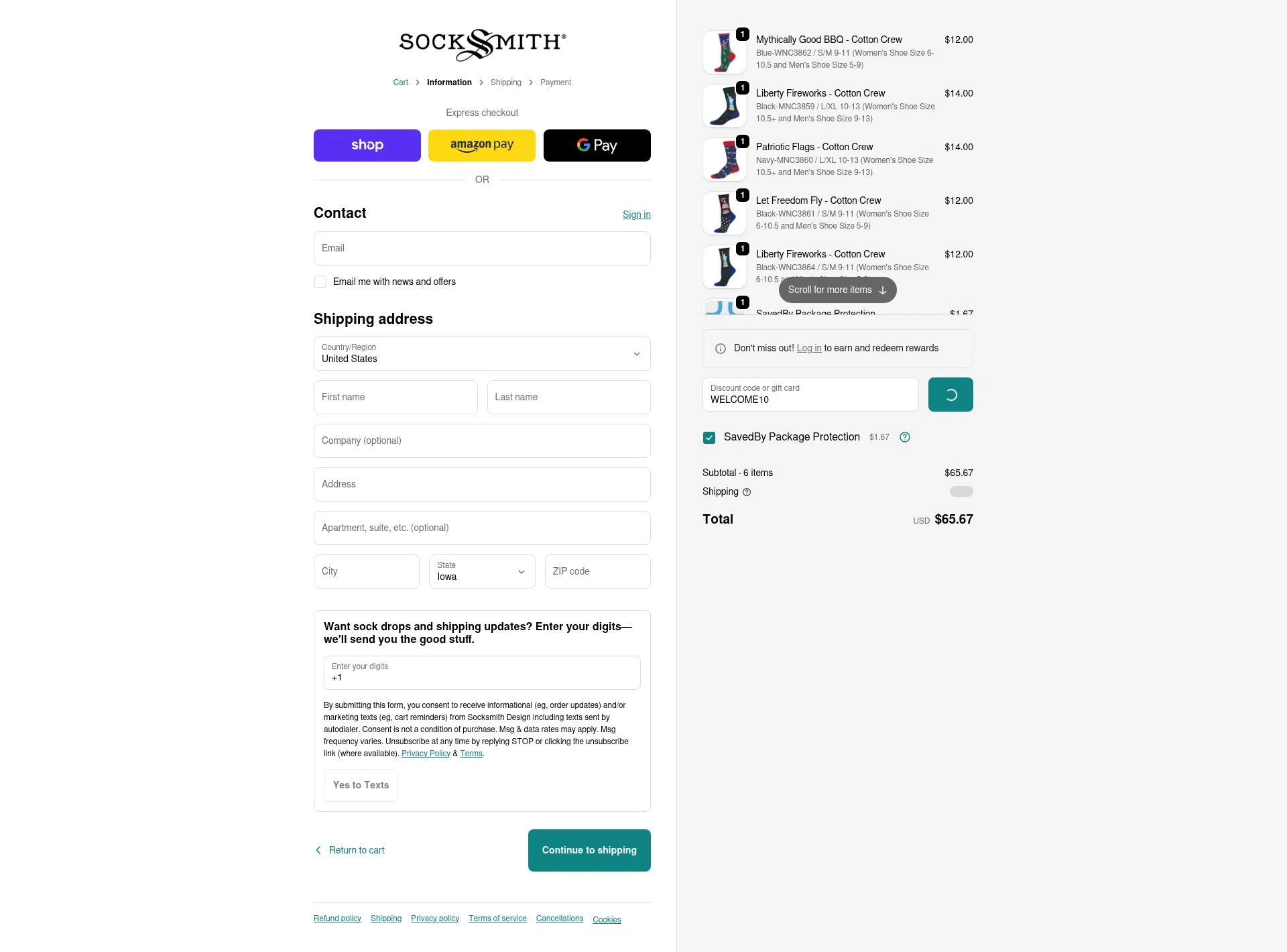 Socksmith checkout page showing Socksmith promo code box | Screenshot taken by SimplyCodes community member on Feb 10, 2026