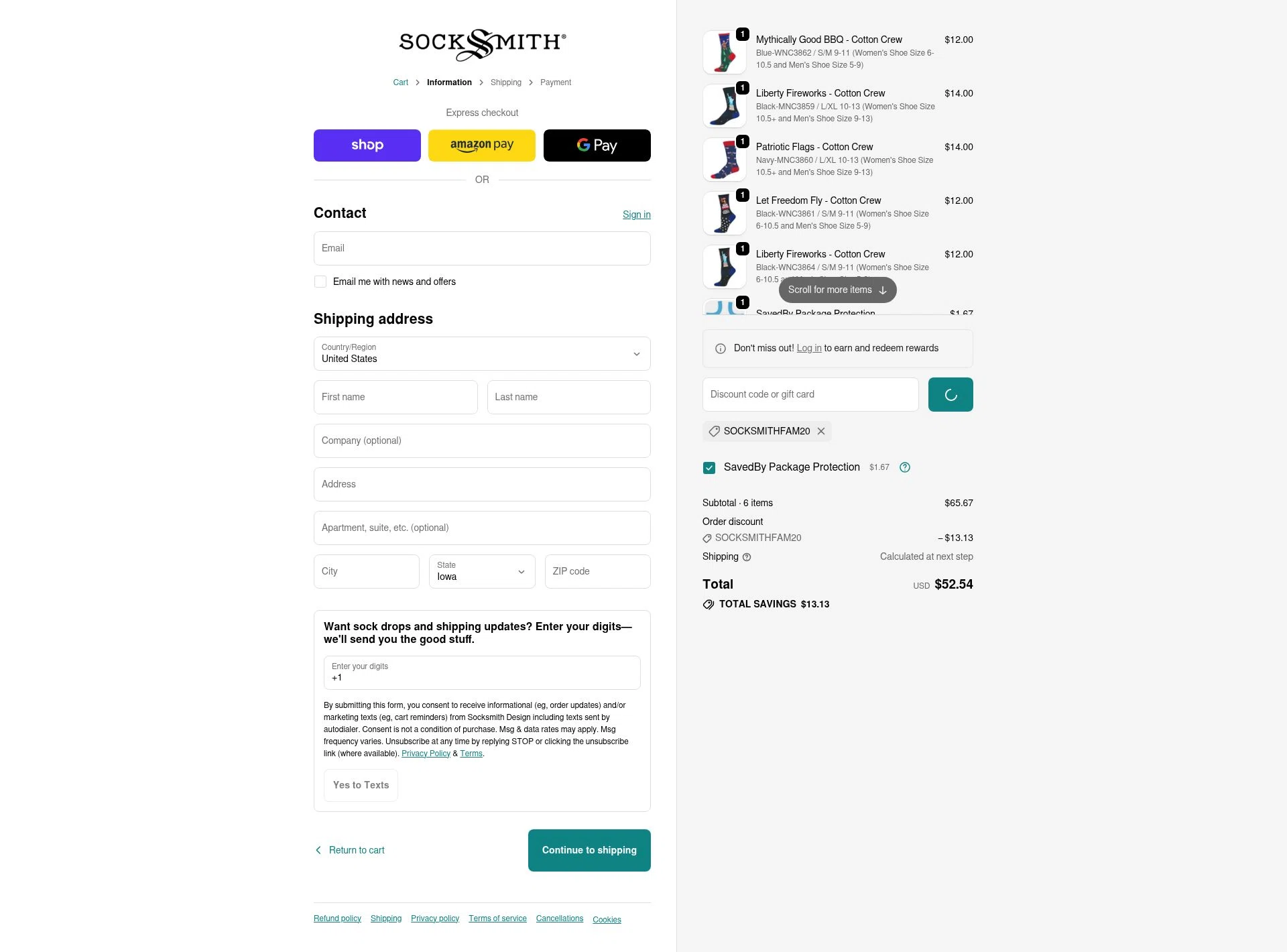 Socksmith checkout page showing Socksmith promo code box | Screenshot taken by SimplyCodes community member on Feb 5, 2026