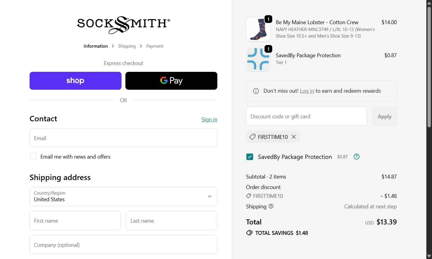 Socksmith checkout page showing Socksmith promo code box | Screenshot taken by SimplyCodes community member on Feb 10, 2026