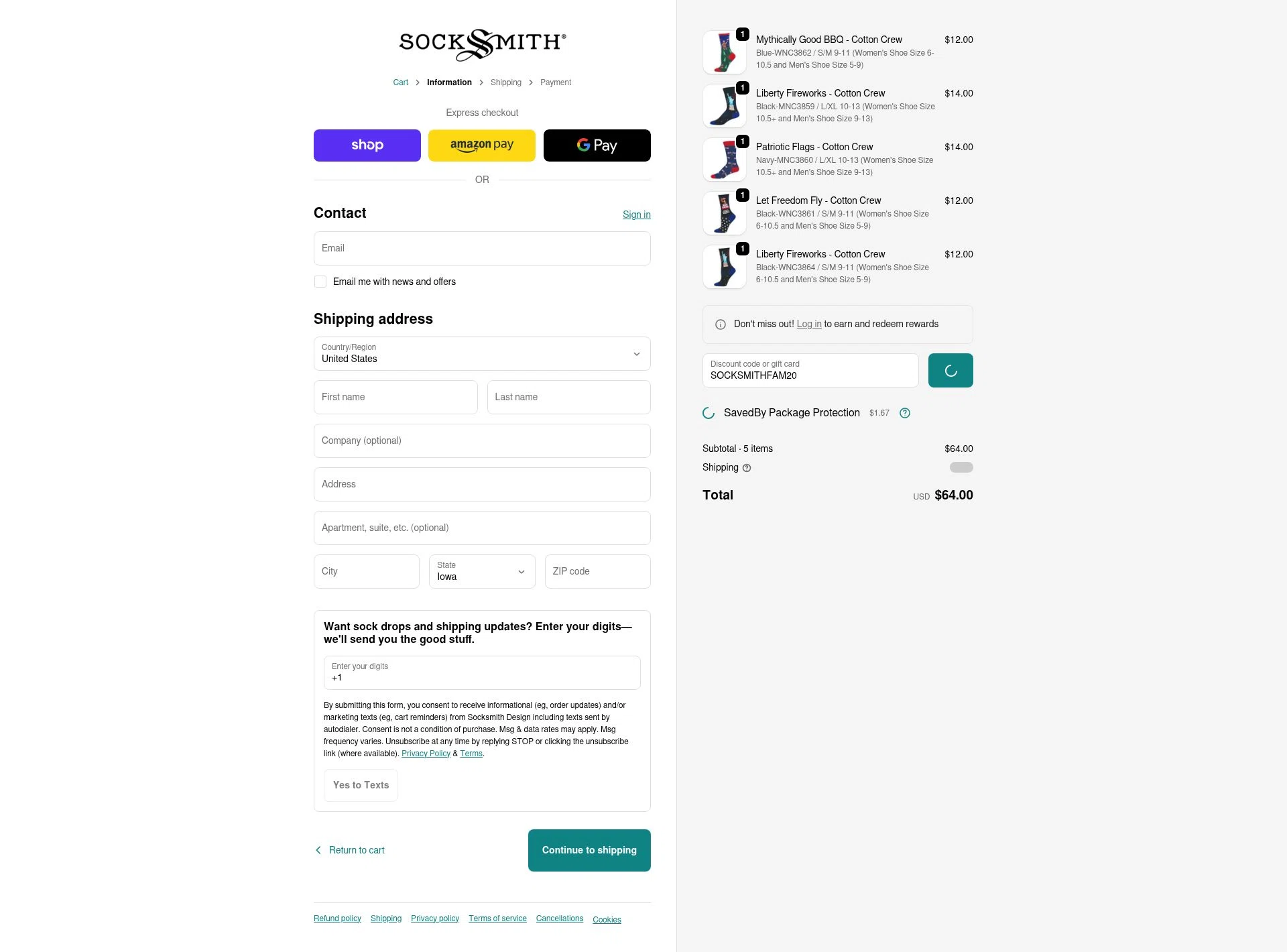 Socksmith checkout page showing Socksmith promo code box | Screenshot taken by SimplyCodes community member on Feb 9, 2026