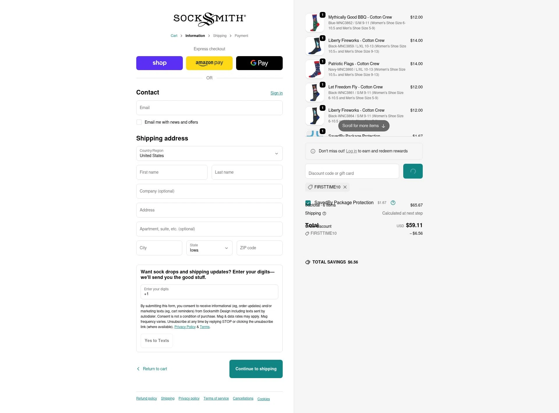 Socksmith checkout page showing Socksmith promo code box | Screenshot taken by SimplyCodes community member on Feb 10, 2026