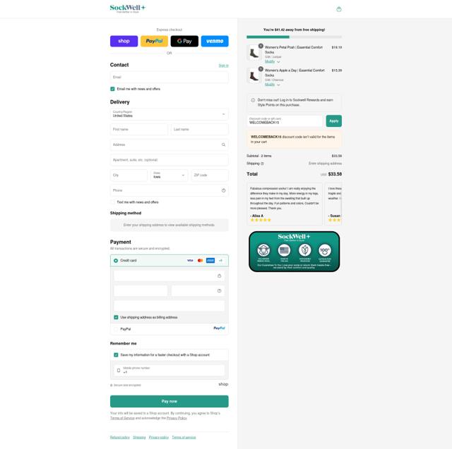 Sockwell checkout page showing Sockwell discount code box | Screenshot taken by SimplyCodes community member on Sep 13, 2025