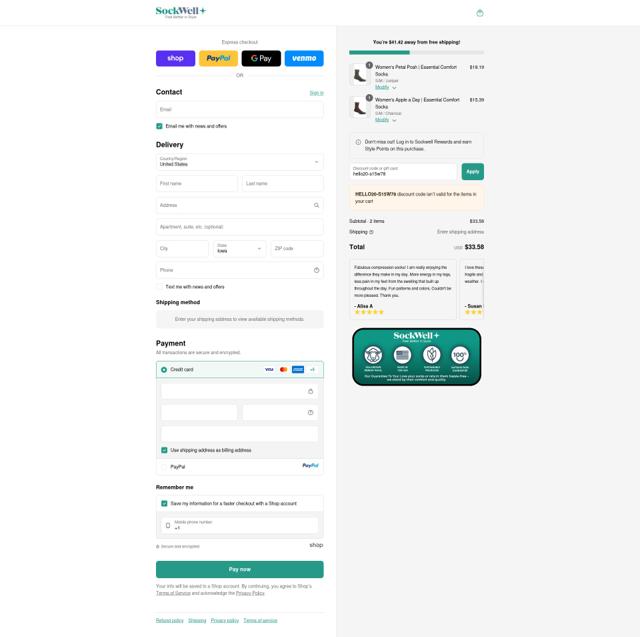 Sockwell checkout page showing Sockwell discount code box | Screenshot taken by SimplyCodes community member on Sep 13, 2025