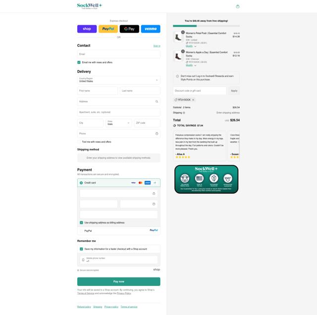 Sockwell checkout page showing Sockwell discount code box | Screenshot taken by SimplyCodes community member on Sep 13, 2025