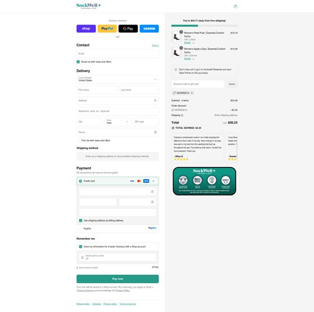 Sockwell checkout page showing Sockwell discount code box | Screenshot taken by SimplyCodes community member on Sep 13, 2025