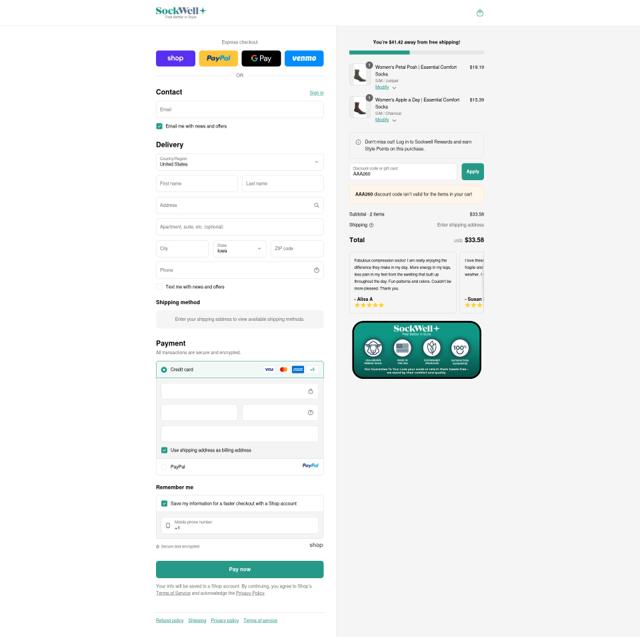 Sockwell checkout page showing Sockwell discount code box | Screenshot taken by SimplyCodes community member on Sep 13, 2025