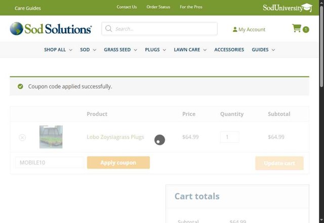 Sod Solutions checkout page showing Sod Solutions coupon code box | Screenshot taken by SimplyCodes community member on Aug 5, 2025