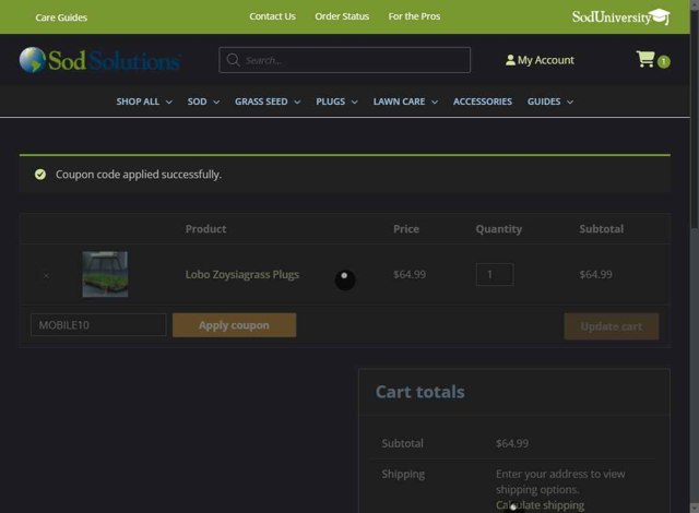 Sod Solutions checkout page showing Sod Solutions coupon code box | Screenshot taken by SimplyCodes community member on Sep 3, 2025