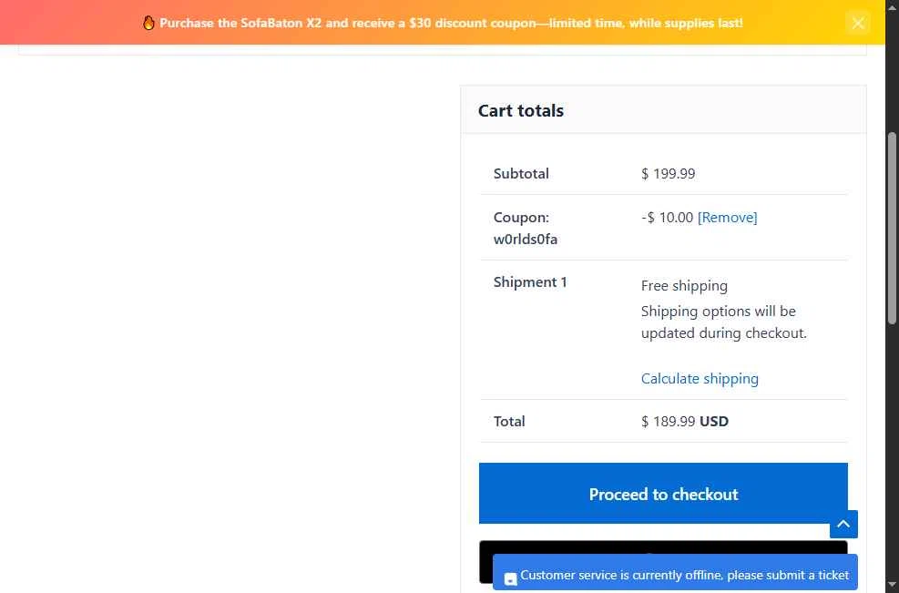 SofaBaton checkout page showing SofaBaton coupon code box | Screenshot taken by SimplyCodes community member on Feb 14, 2026