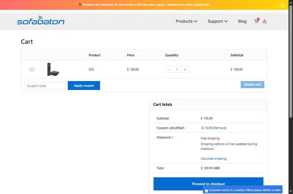 SofaBaton checkout page showing SofaBaton coupon code box | Screenshot taken by SimplyCodes community member on Feb 12, 2026