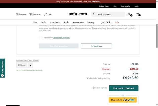 Sofa.com checkout page showing Sofa.com coupon code box | Screenshot taken by SimplyCodes community member on May 21, 2025