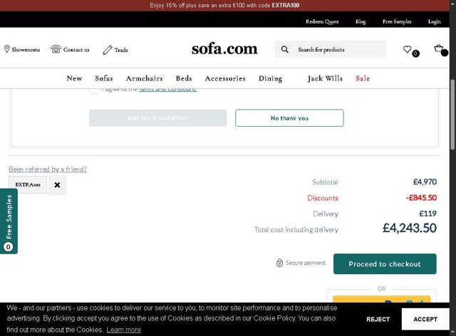 Sofa.com checkout page showing Sofa.com coupon code box | Screenshot taken by SimplyCodes community member on May 21, 2025
