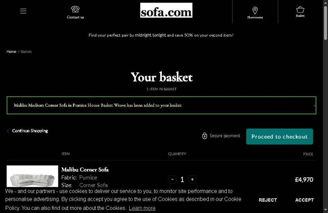 Sofa.com checkout page showing Sofa.com coupon code box | Screenshot taken by SimplyCodes community member on Jul 31, 2025