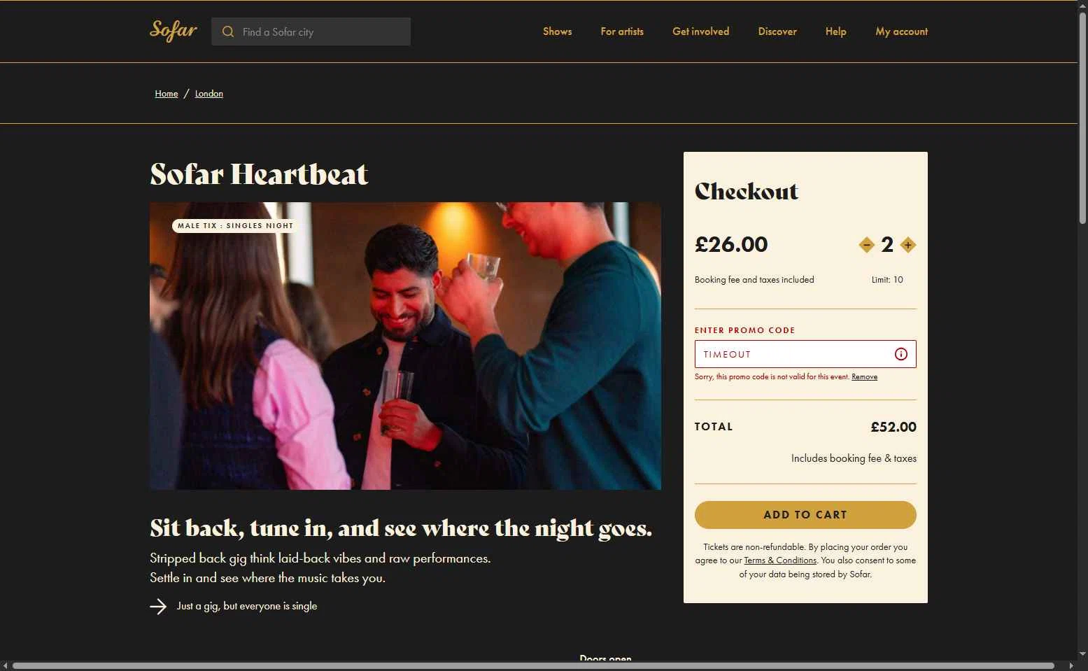 Sofar Sounds checkout page showing Sofar Sounds promo code box | Screenshot taken by SimplyCodes community member on Jun 28, 2025