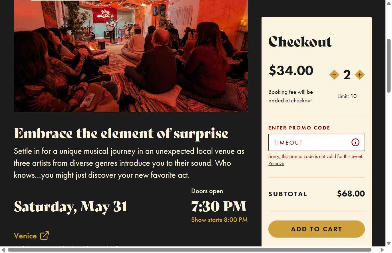 Sofar Sounds checkout page showing Sofar Sounds promo code box | Screenshot taken by SimplyCodes community member on May 30, 2025