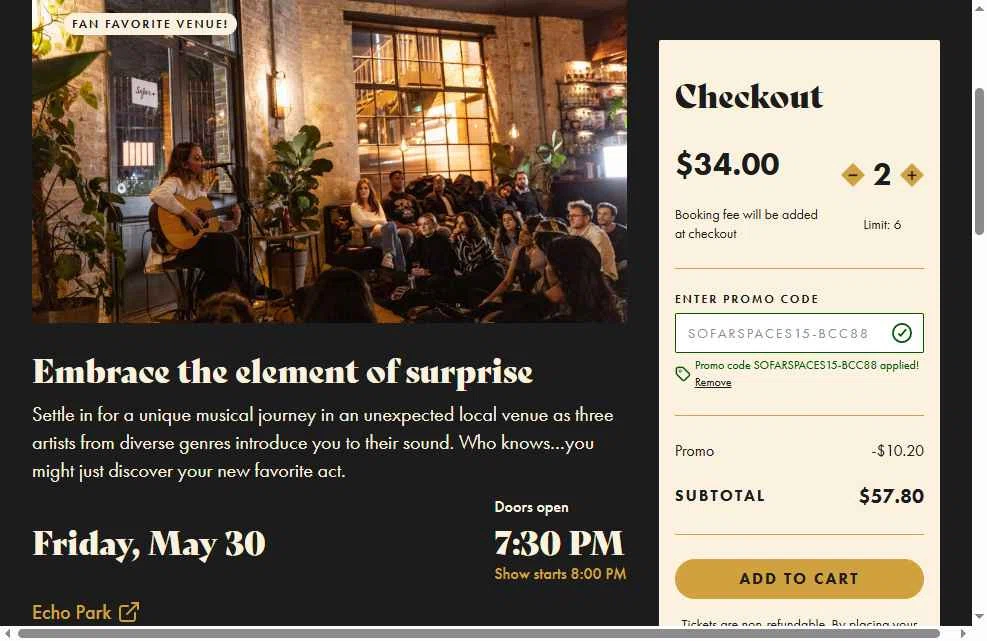 Sofar Sounds checkout page showing Sofar Sounds promo code box | Screenshot taken by SimplyCodes community member on May 30, 2025