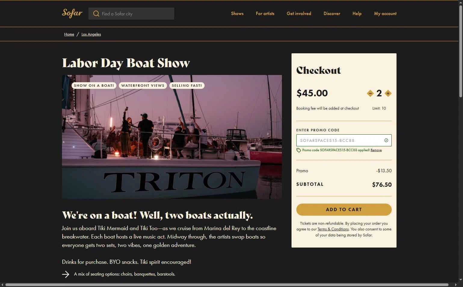 Sofar Sounds checkout page showing Sofar Sounds promo code box | Screenshot taken by SimplyCodes community member on Aug 25, 2025