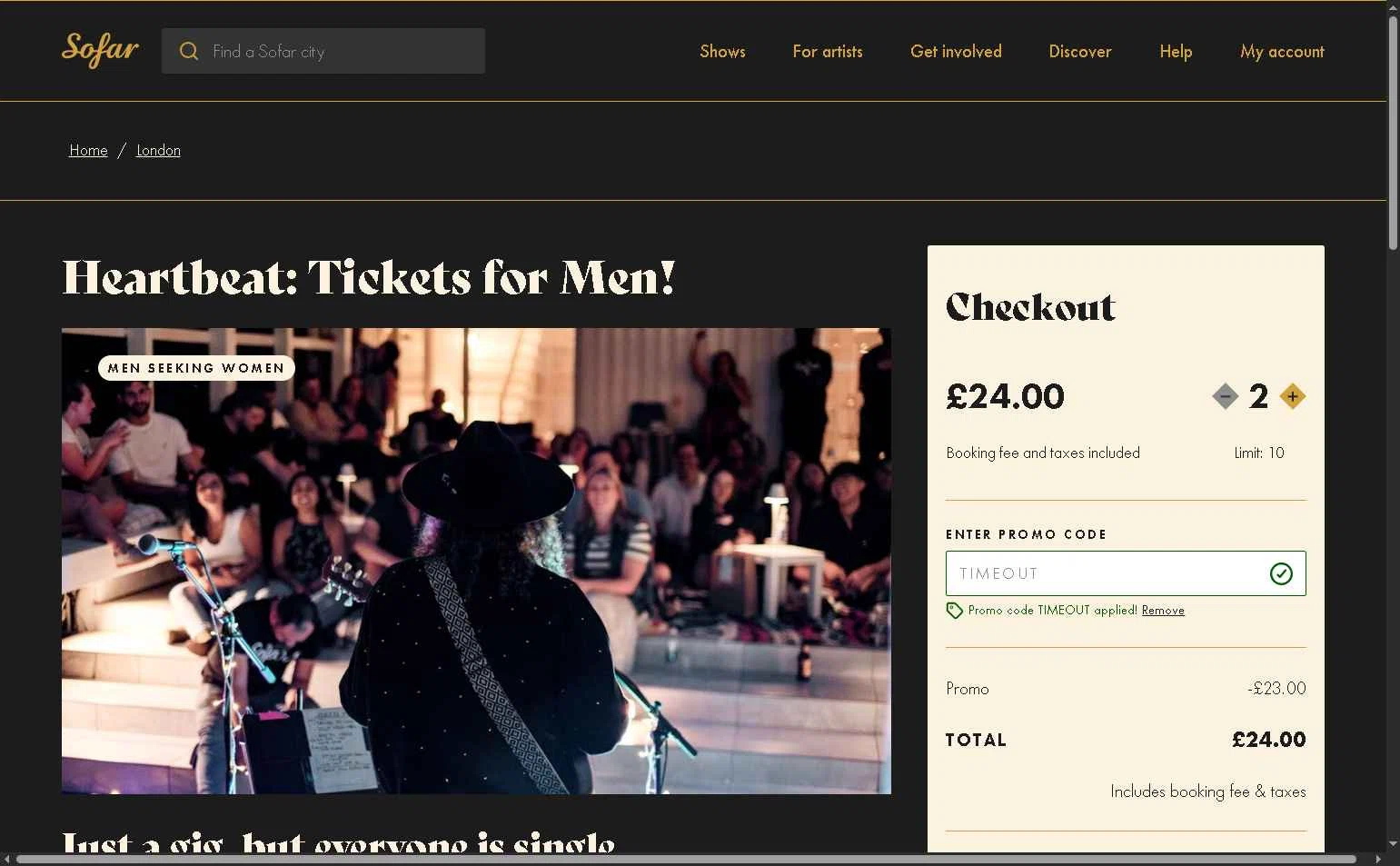 Sofar Sounds checkout page showing Sofar Sounds promo code box | Screenshot taken by SimplyCodes community member on May 1, 2025
