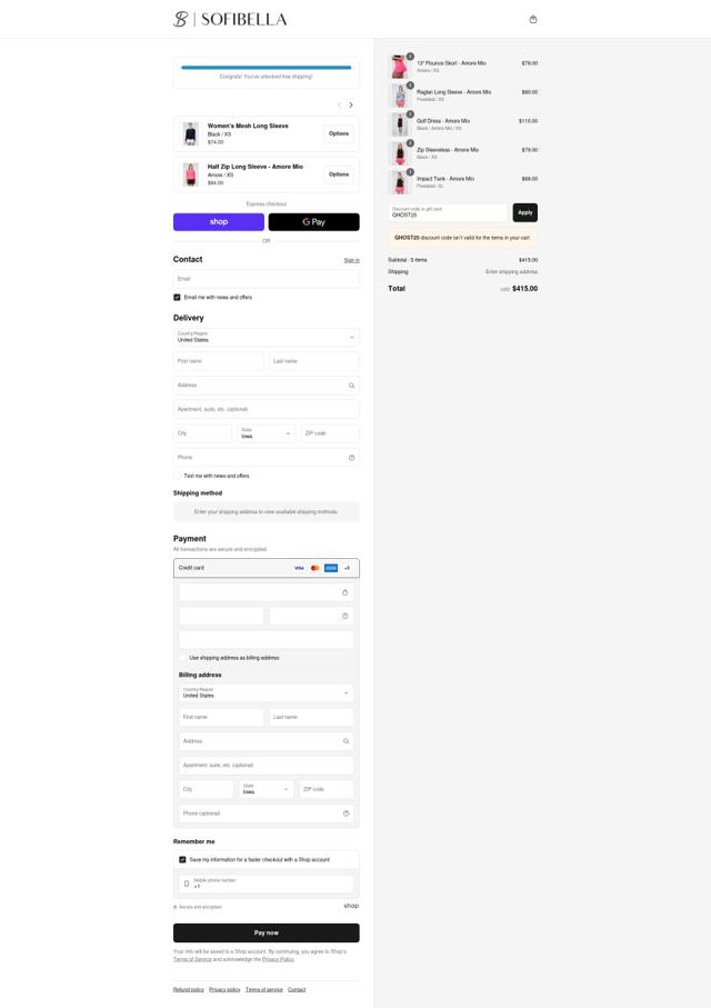 Sofibella checkout page showing Sofibella discount code box | Screenshot taken by SimplyCodes community member on Sep 13, 2025