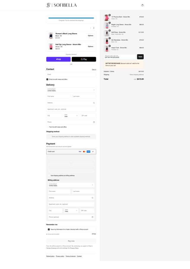 Sofibella checkout page showing Sofibella discount code box | Screenshot taken by SimplyCodes community member on Sep 13, 2025