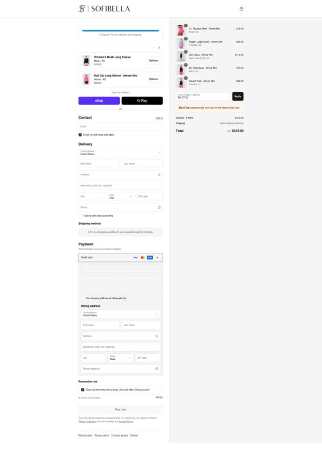 Sofibella checkout page showing Sofibella discount code box | Screenshot taken by SimplyCodes community member on Sep 13, 2025