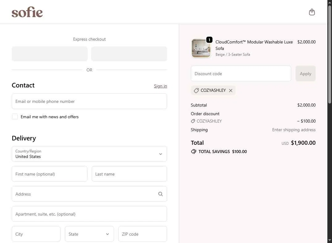Sofie Home checkout page showing Sofie Home promo code box | Screenshot taken by SimplyCodes community member on Dec 12, 2025