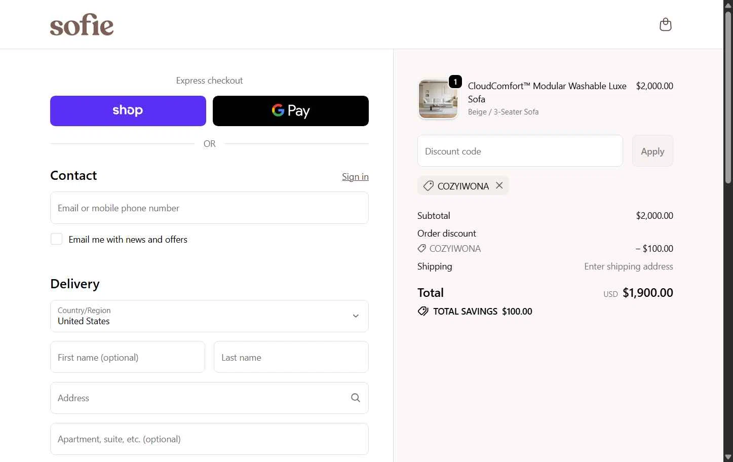 Sofie Home checkout page showing Sofie Home promo code box | Screenshot taken by SimplyCodes community member on Dec 12, 2025