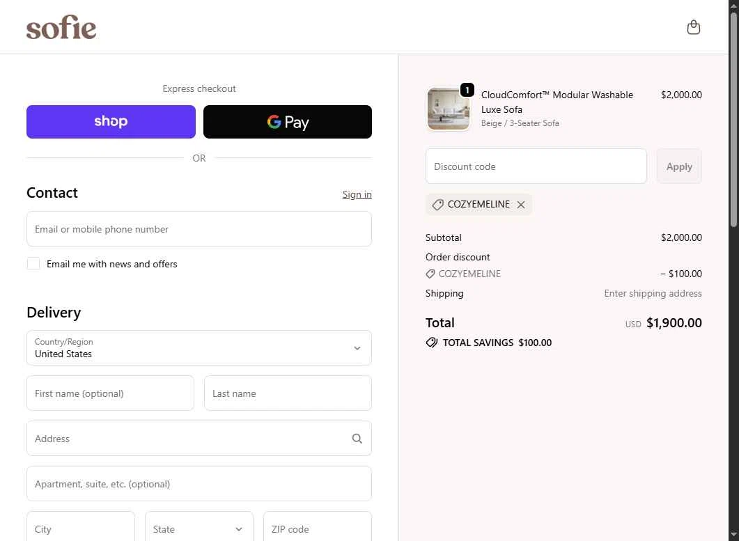 Sofie Home checkout page showing Sofie Home promo code box | Screenshot taken by SimplyCodes community member on Dec 12, 2025