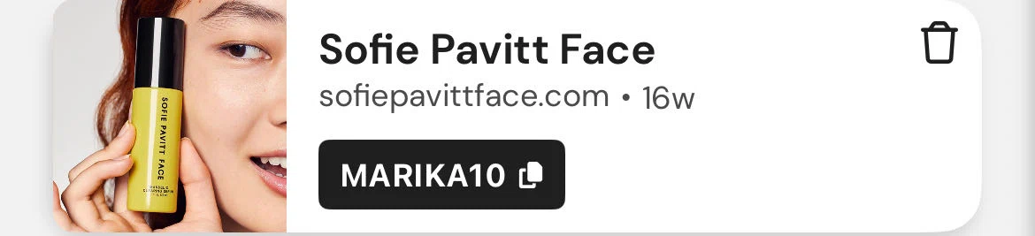 Sofie Pavitt Face discount code screenshot showing code MARIKA10 applied at Sofie Pavitt Face checkout page. Uploaded by SimplyCodes community member WiseLegend2616 on Sep 15, 2025