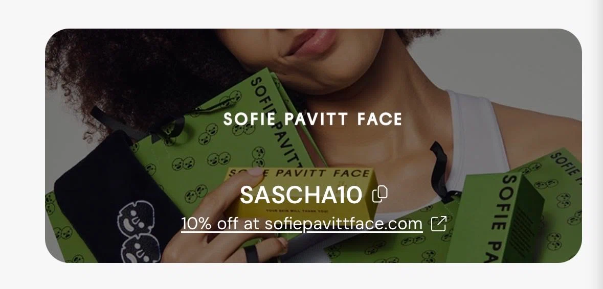 Sofie Pavitt Face discount code screenshot showing code SASCHA10 applied at Sofie Pavitt Face checkout page. Uploaded by SimplyCodes community member AriellaBK4 on Feb 10, 2026