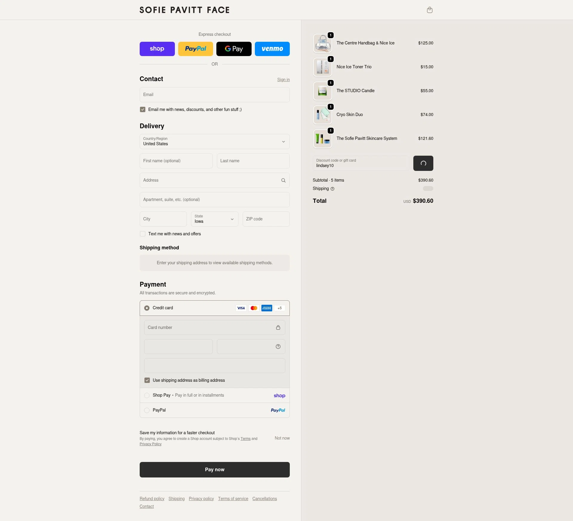 Sofie Pavitt Face checkout page showing Sofie Pavitt Face discount code box | Screenshot taken by SimplyCodes community member on Feb 18, 2026