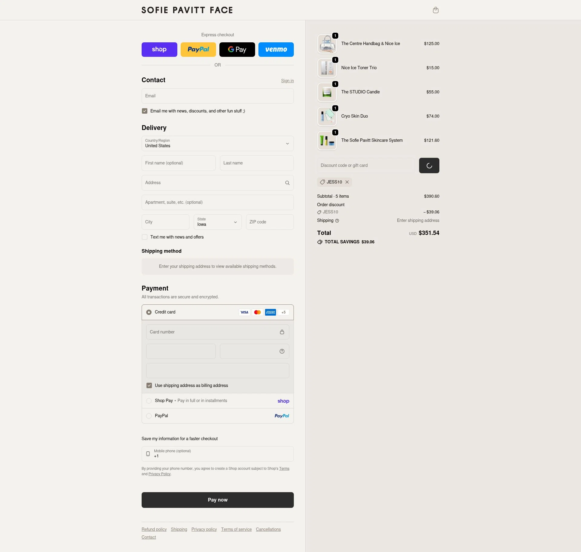 Sofie Pavitt Face checkout page showing Sofie Pavitt Face discount code box | Screenshot taken by SimplyCodes community member on Feb 18, 2026