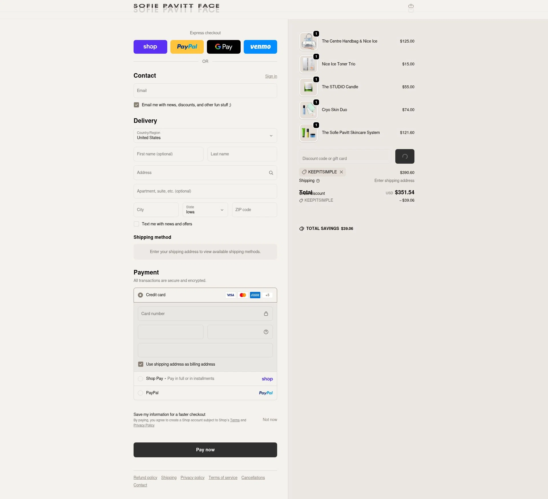 Sofie Pavitt Face checkout page showing Sofie Pavitt Face discount code box | Screenshot taken by SimplyCodes community member on Feb 18, 2026