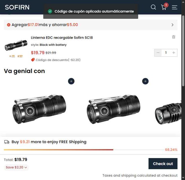 Sofirn checkout page showing Sofirn coupon code box | Screenshot taken by SimplyCodes community member on Sep 4, 2025