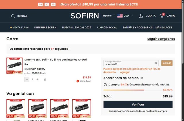 Sofirn checkout page showing Sofirn coupon code box | Screenshot taken by SimplyCodes community member on Sep 3, 2025