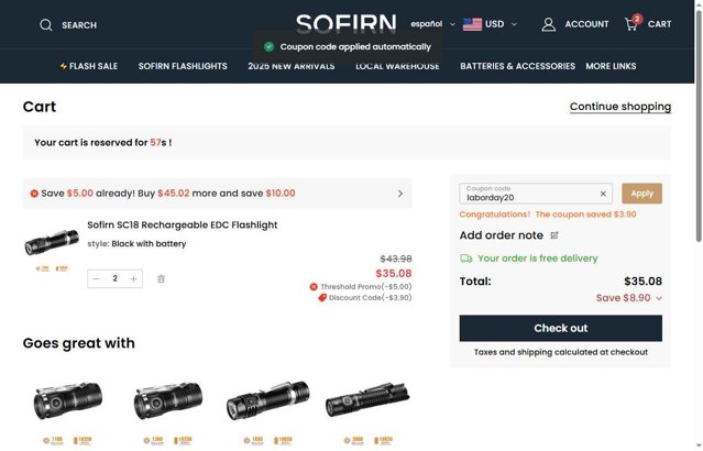 Sofirn checkout page showing Sofirn coupon code box | Screenshot taken by SimplyCodes community member on Sep 4, 2025
