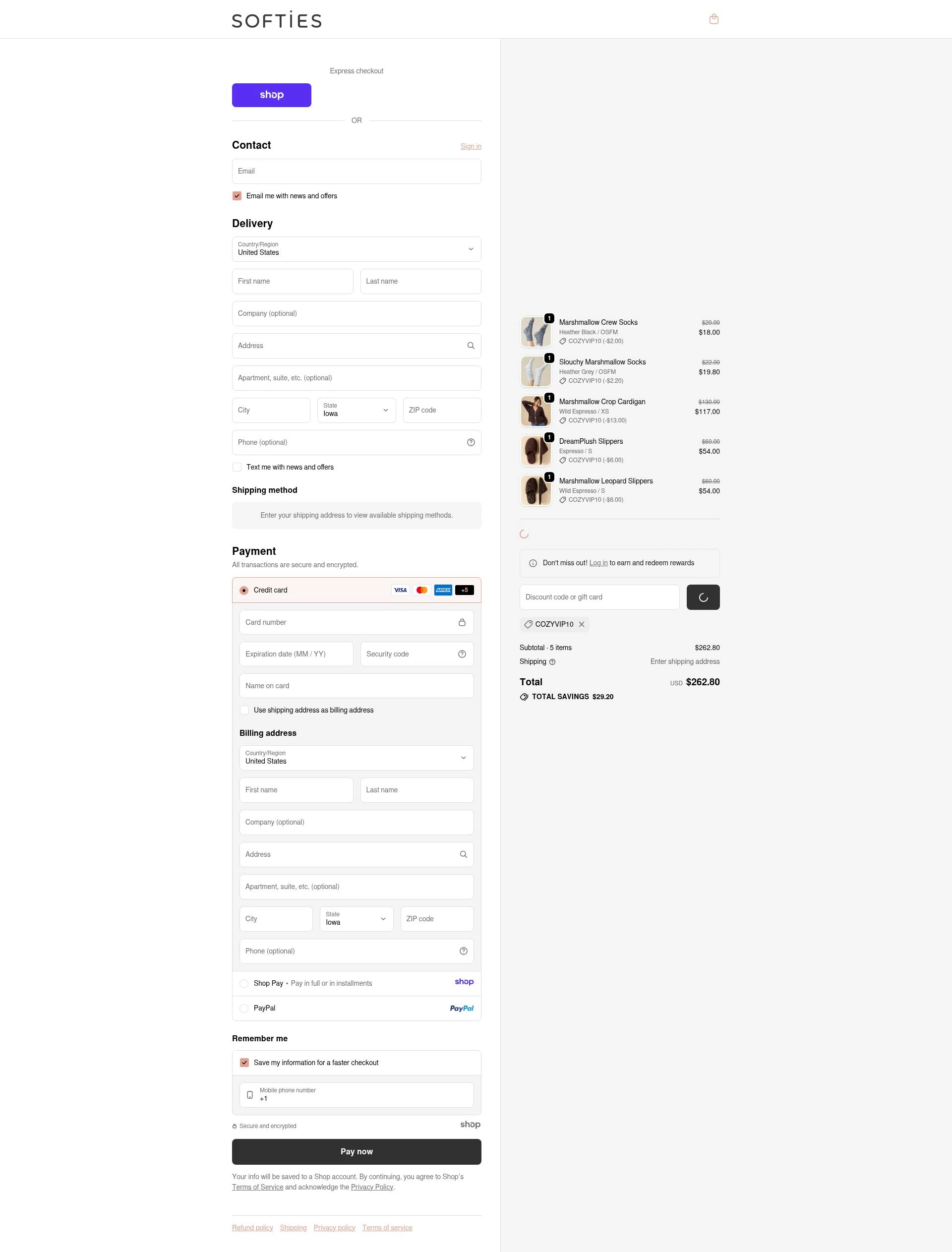 Softies checkout page showing Softies discount code box | Screenshot taken by SimplyCodes community member on Dec 28, 2025