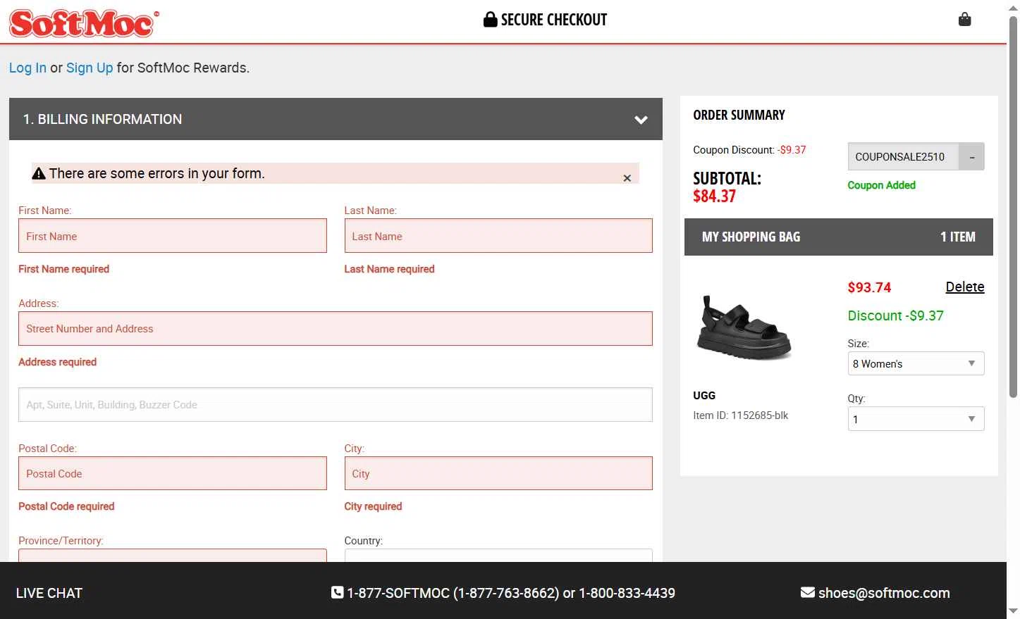 SoftMoc checkout page showing SoftMoc coupon code box | Screenshot taken by SimplyCodes community member on Jul 25, 2025