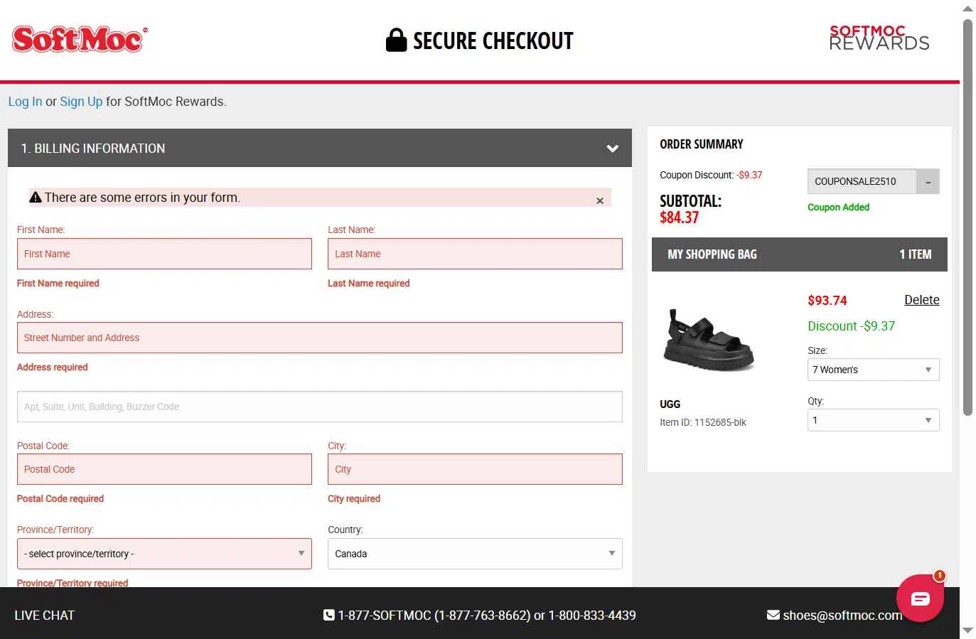 SoftMoc checkout page showing SoftMoc coupon code box | Screenshot taken by SimplyCodes community member on Jul 25, 2025