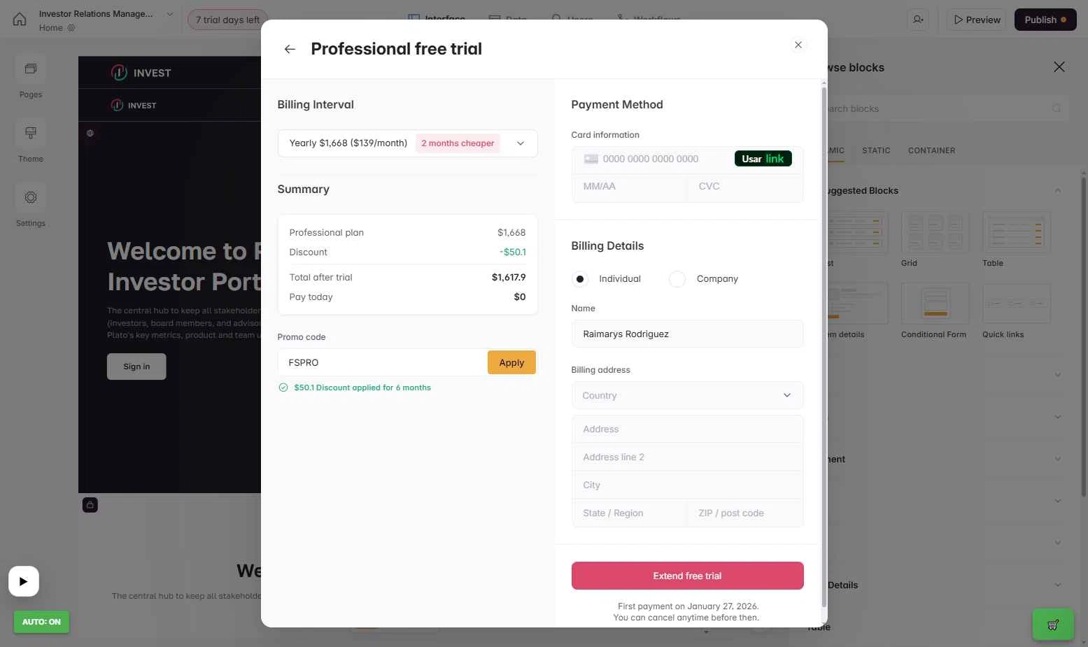 Softr checkout page showing Softr promo code box | Screenshot taken by SimplyCodes community member on Jan 13, 2026