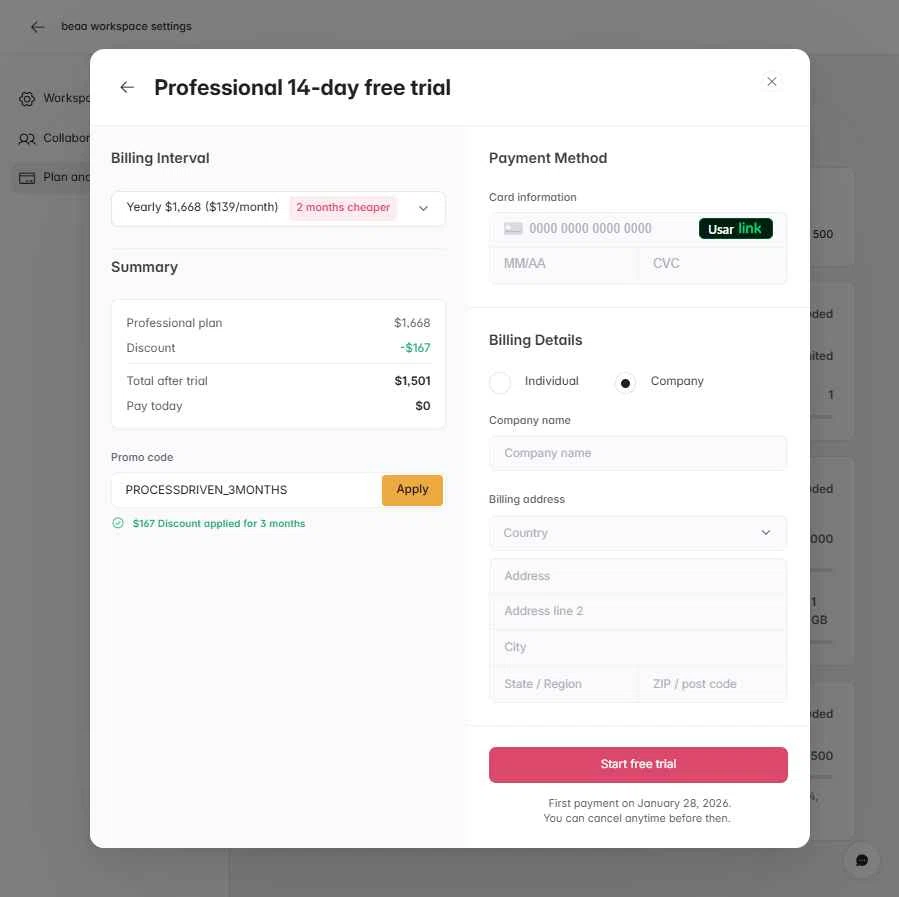Softr checkout page showing Softr promo code box | Screenshot taken by SimplyCodes community member on Jan 14, 2026