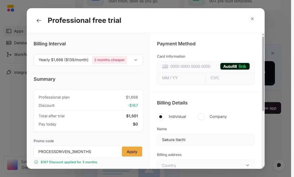 Softr checkout page showing Softr promo code box | Screenshot taken by SimplyCodes community member on Dec 16, 2025