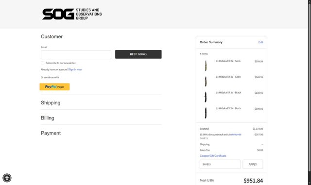 SOG Knives checkout page showing SOG Knives coupon code box | Screenshot taken by SimplyCodes community member on Aug 5, 2025